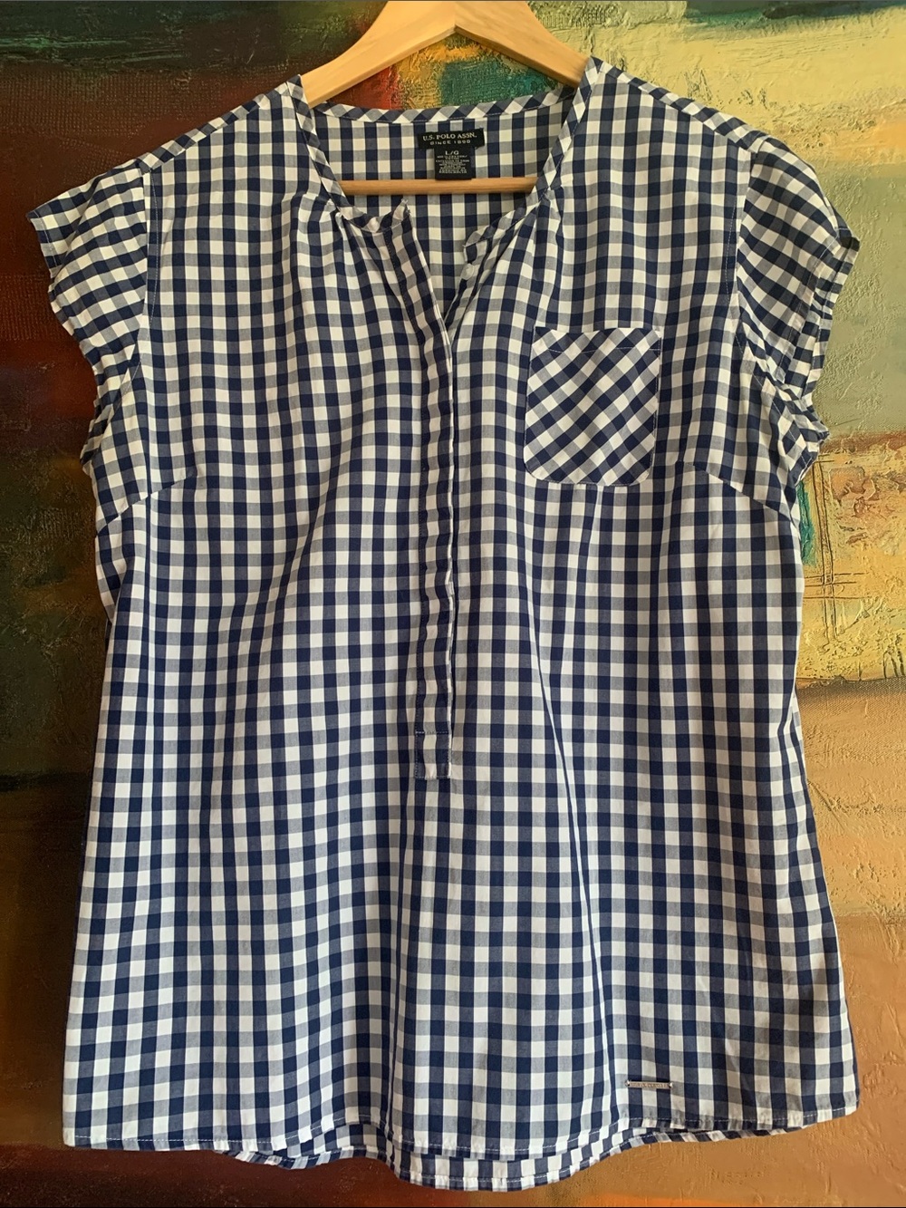 US Polo Assn Navy Gingham Cap Sleeve Popover Blouse, Sz L